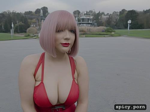 intricate, rope bondage, pink hair, park, perfect face, perky breasts