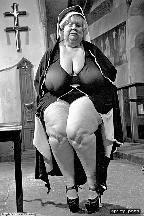 fat ass, upskirt, obese granny nun 70 years old, no bra, spread legs
