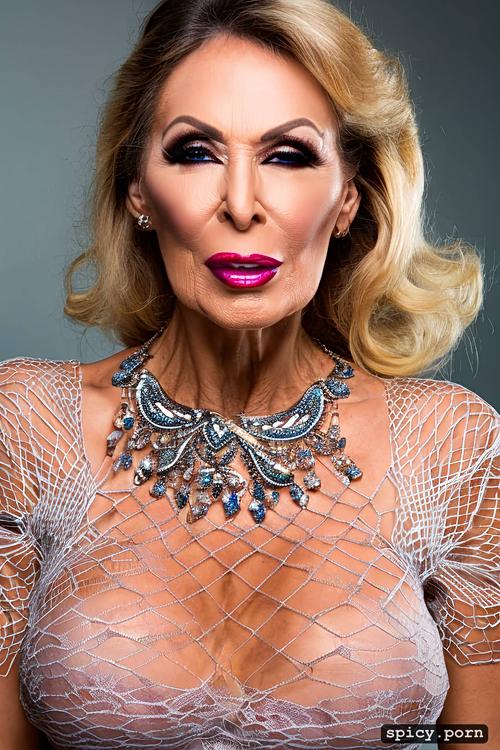 heavy makeup, in a face portrait, milf, 80 year old, contour cheeks