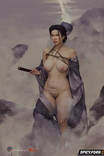 samurai sword, fog, nude portrait, michelangelo buonarroti, fat hips