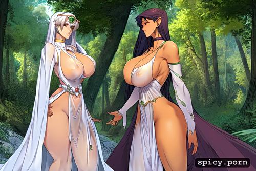 huge hips, 2 women 30 yo, see through long dress in the woods