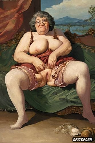 the fat grandmother has nude pussy under her skirt