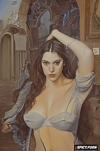 valesquez oil painting, las meninas, kat dennings, church, revealing her breasts