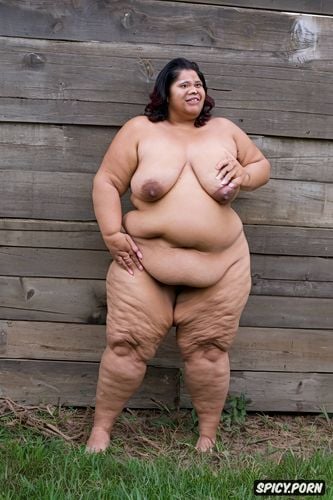 naked fat short woman standing in public, dangling belly s skin