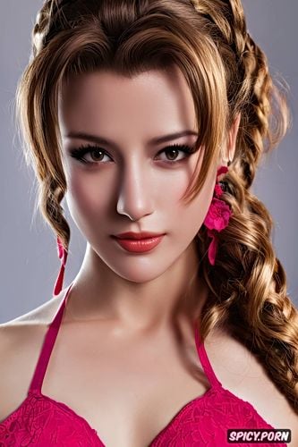 8k shot on canon dslr, ultra detailed, masterpiece, aerith gainsborough final fantasy vii remake beautiful face erotic pink lingerie