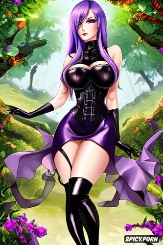 purple hair, latex corset, long hair, latex thigh high boots