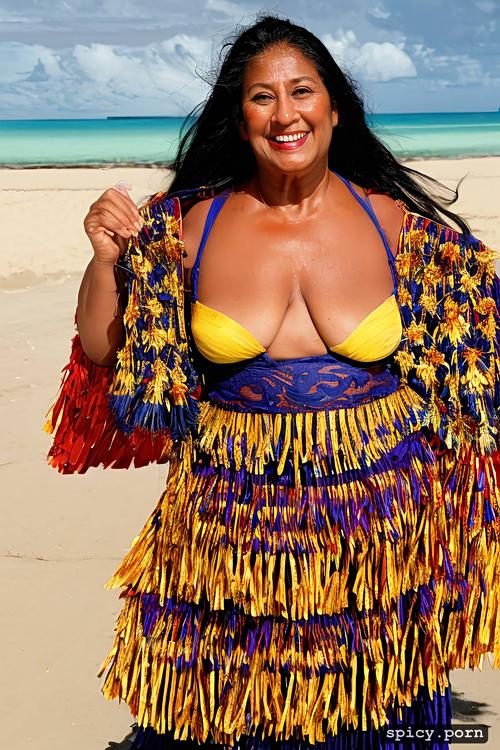 performing, beautiful smiling face, giant hanging boobs, 68 yo beautiful tahitian dancer