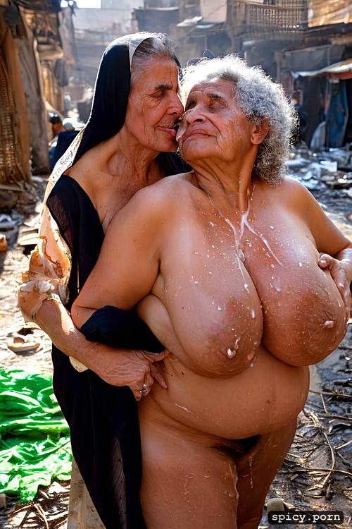 massive belly, hugging, huge nipples, massive ass, naked arabic obese grannies