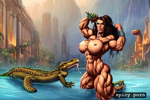 photorealistic, nude muscle woman vs deadly croc, massive abs