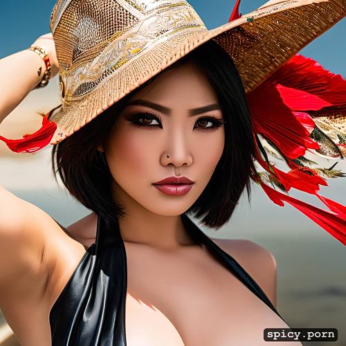 highly detailed asian woman with mohawk haircut exposing her breasts