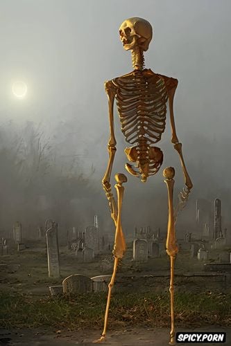 foggy, some meters away, scary glowing standing skeleton, graveyard at night