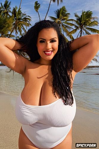 front view, beach, gigantic saggy tits, nude, color photo, huge hanging boobs