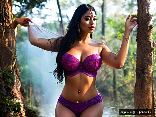 indian woman, 8k, wet hair, oxidized ear ring, forest, huge saggy breasts