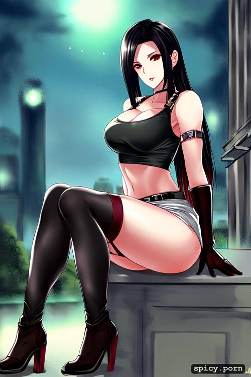 photorealistic1 5, fujifilm xt3, tifa has black hair and wears a black skirt with black thigh highs and ankle boots