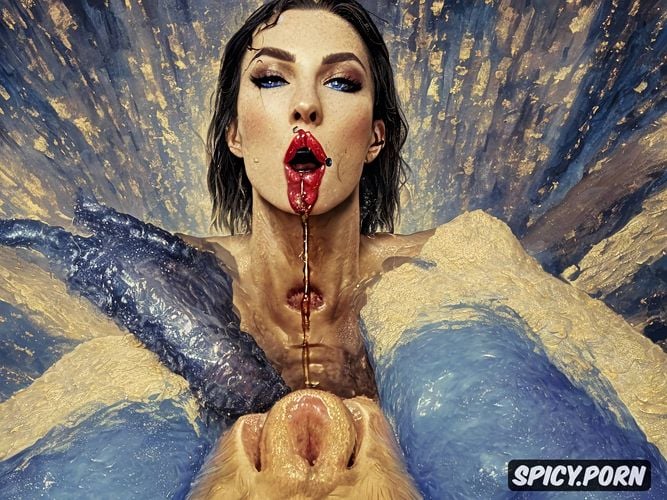 impressionism painting, very much yellow piss in her mouth, a huge gush of yellow piss pours out of his penis into her mouth
