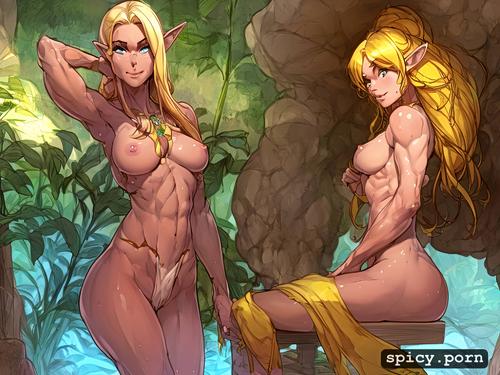 small fit body, belly bulge, teen, yellow hair, elf female, rough
