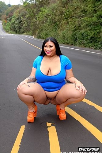 big fat ass, squatting on traffic cone in pussy, spreading legs