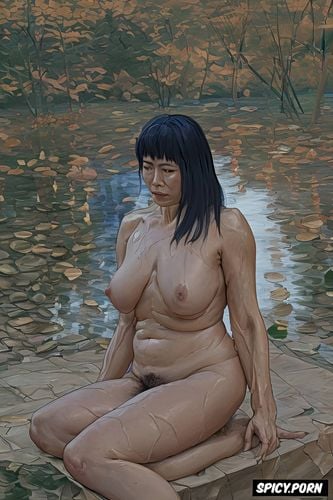 impressionism painting style, fat skin folds belly, wrinkled old grandmother