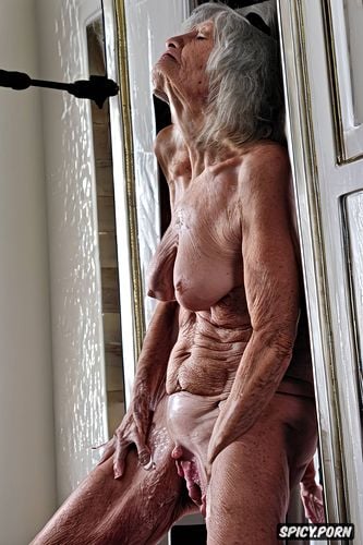 geriatric elderly woman, ribs showing, puking, stained glass windows