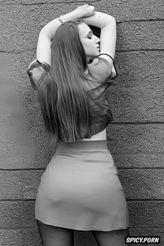 in front of gray wall, view of back from behind, happy beautiful middleschool schoolage junior miss early teen model