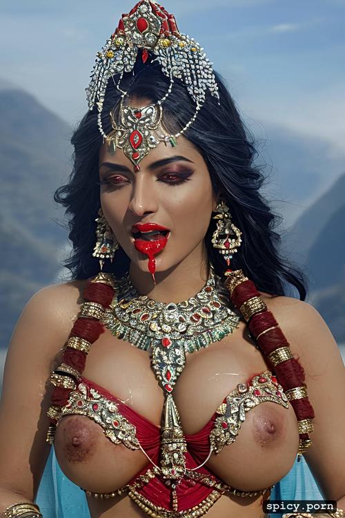 cum dripping from mouth to upper body, kali mata, red lipstick