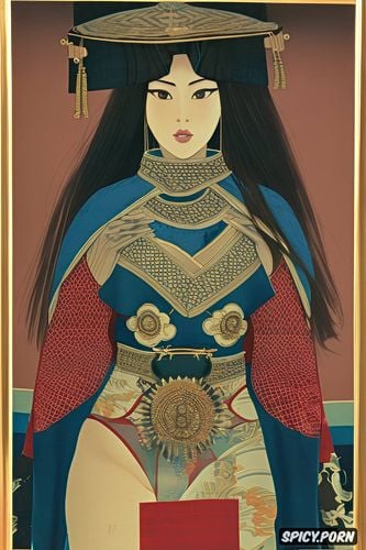 wearing red tunic, dimensional, gold frame, carpet texture, flat painting japanese woodblock print