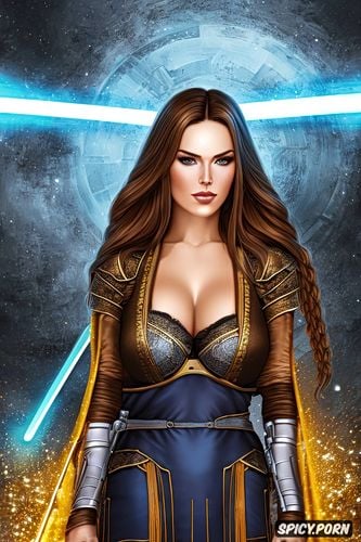 wearing tight brown and yellow jedi robes, bastila shan star wars knight of the old republic beautiful face