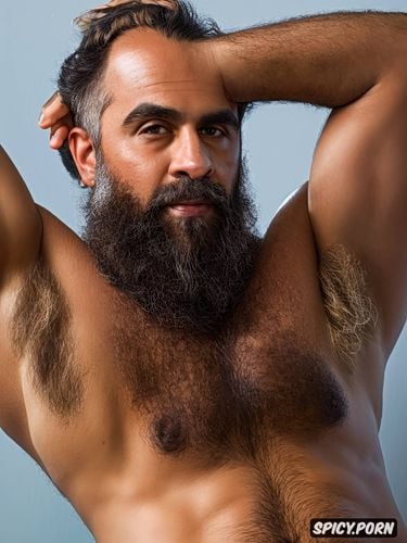 he is sitting on a chair, hairy, muscular, arms up, 8k shot on canon dslr