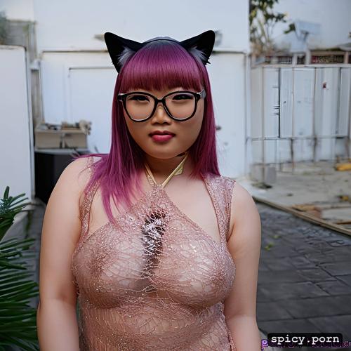 chubby body, chinese female, pink hair, glasses, portrait, cat ears