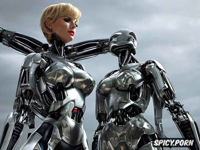 full body view, sexy blonde robot with fully metallic body and huge tits