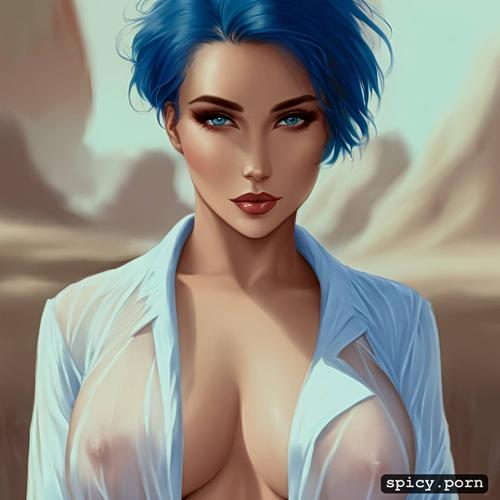 desert, blue hair, seductive, gorgeous face, white female, see through clothes