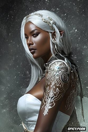 tattoos, topless, high resolution, k shot on canon dslr, fantasy female paladin queen dragon age beautiful face ebony skin silver hair full body shot