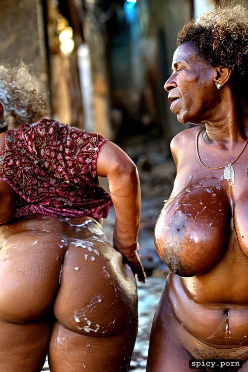 in busy dirty slum with other people, 80 years old, naked arabic obese grannies