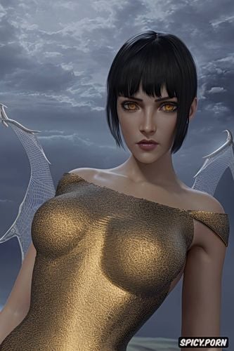 morrigan, curvy body, golden eyes, ultra detailed portrait, young