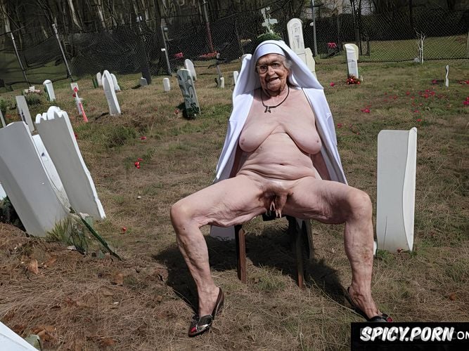 very old granny, zombie, cemetery, catholic nun, huge tits, big breasts