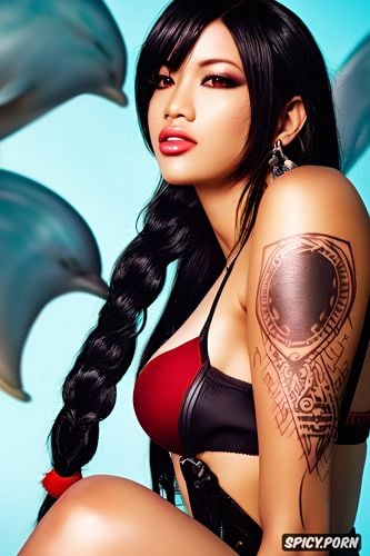 tattoos masterpiece, ultra detailed, tifa lockhart final fantasy vii rebirth asian skin long soft black hair in a dolphins tale braid beautiful face young