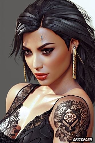 pharah overwatch beautiful face young tight low cut black lace wedding gown