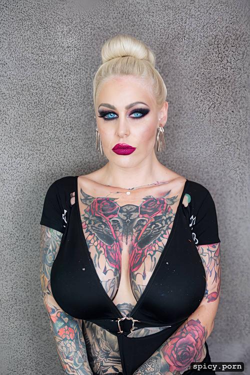 raven tattoo above massive tits, 44gg breast size, full pink glossy lips