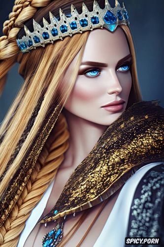 long golden blonde hair in twin braids, dragon age, beautiful face portrait