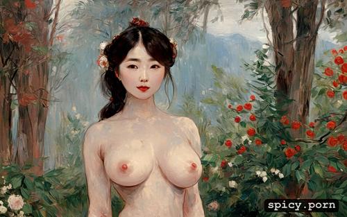 perky nipples, detailed face, art by da zhong zhang, oil painting