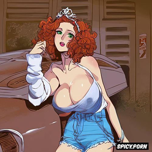 20 yo, curly red hair, short shorts, showing big boobs, 4k, see through clothes