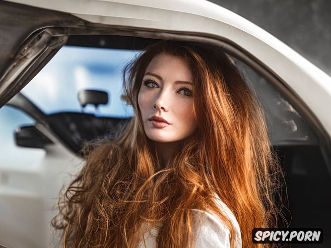 white torn clothes, no make up, sits on a burned car, stunning face