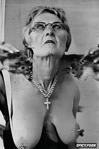 cross necklace, pierced nipples, glasses, extremely skinny, extremely old grandmother