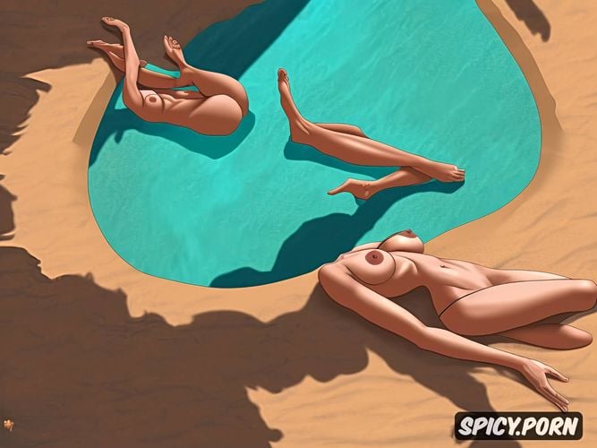 nude woman sunbathing, reclined on a beach towel, tropical beach
