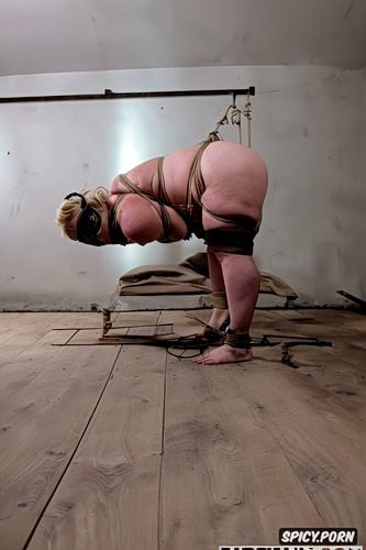 wearing a ball gag, woman hogtied and fucked doggystyle by a man