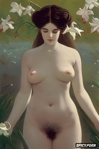 henri gervex, flat chest beautiful teen white women with a white lily in her right hand