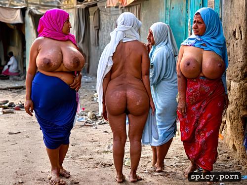 wide hips, in filthy slum, saggy boobs, dirty clothes, naked arabic chubby grannies
