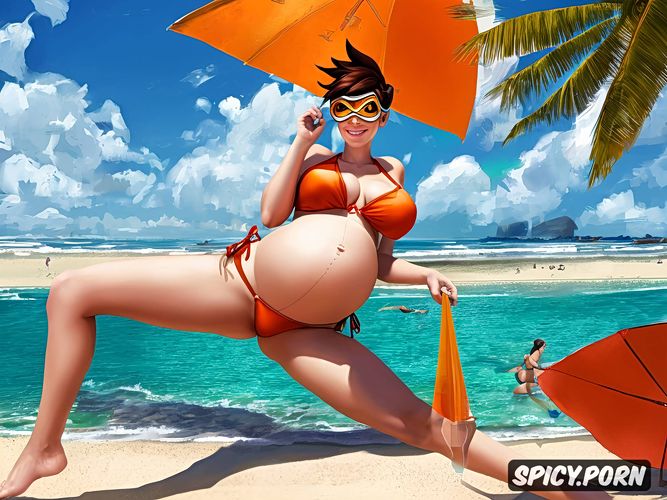 medium tits pregnant belly, tracer from overwatch, orange bikini