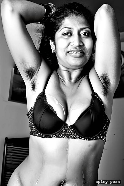 photography, indian beautiful sweaty aunty, wearing ornaments and black bra