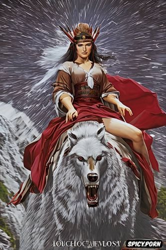 gaugain, delicate teenage breast, riding on a giant wolf, peincess mononoke